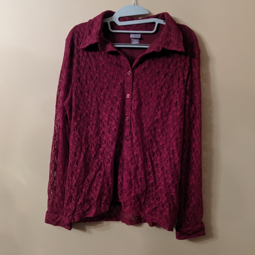 Burgundy Button Down with Lace Sleeves